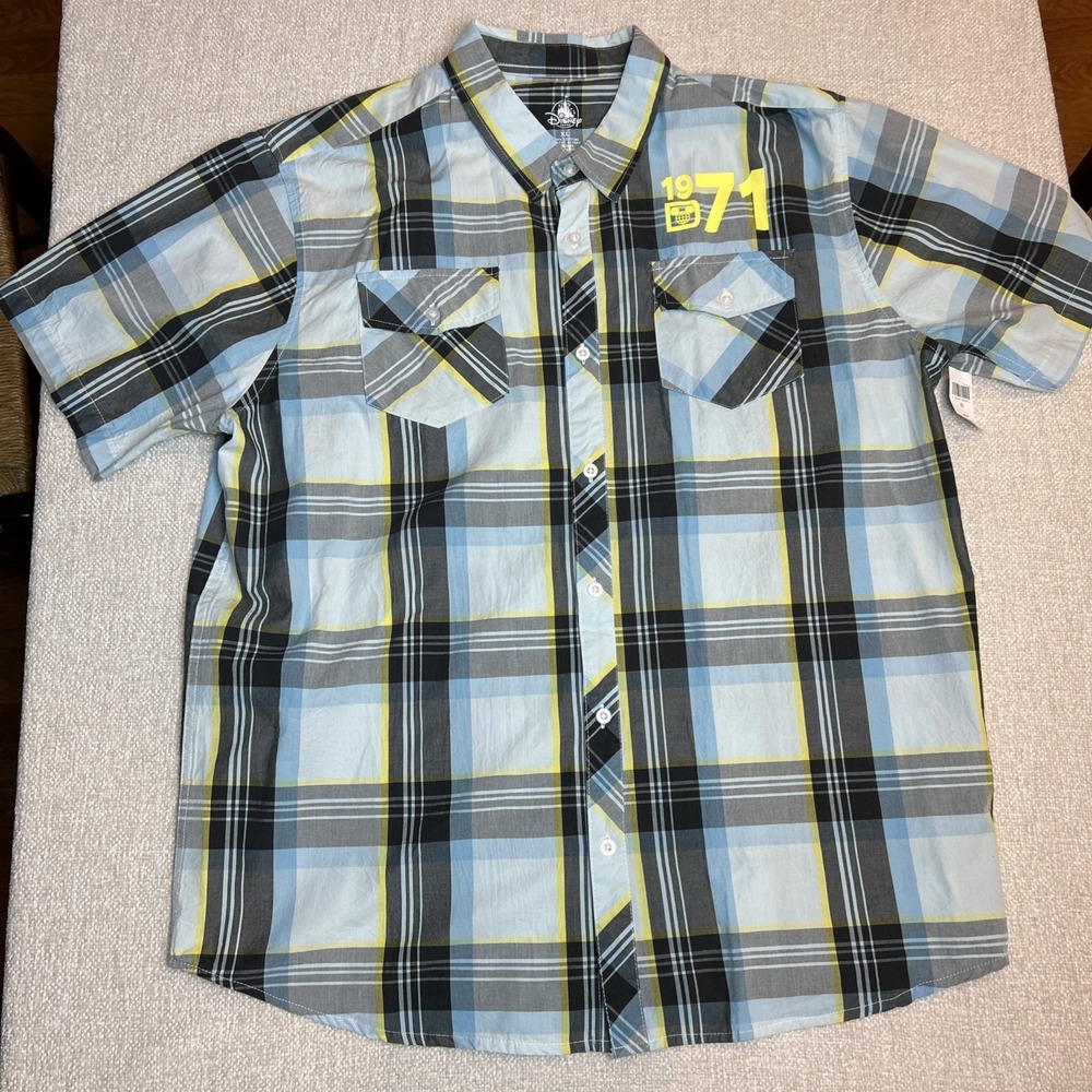 NWT Disney Parks Mickey XL Blue & Yellow Short Sleeve Shirt WDW 1971 Button Down